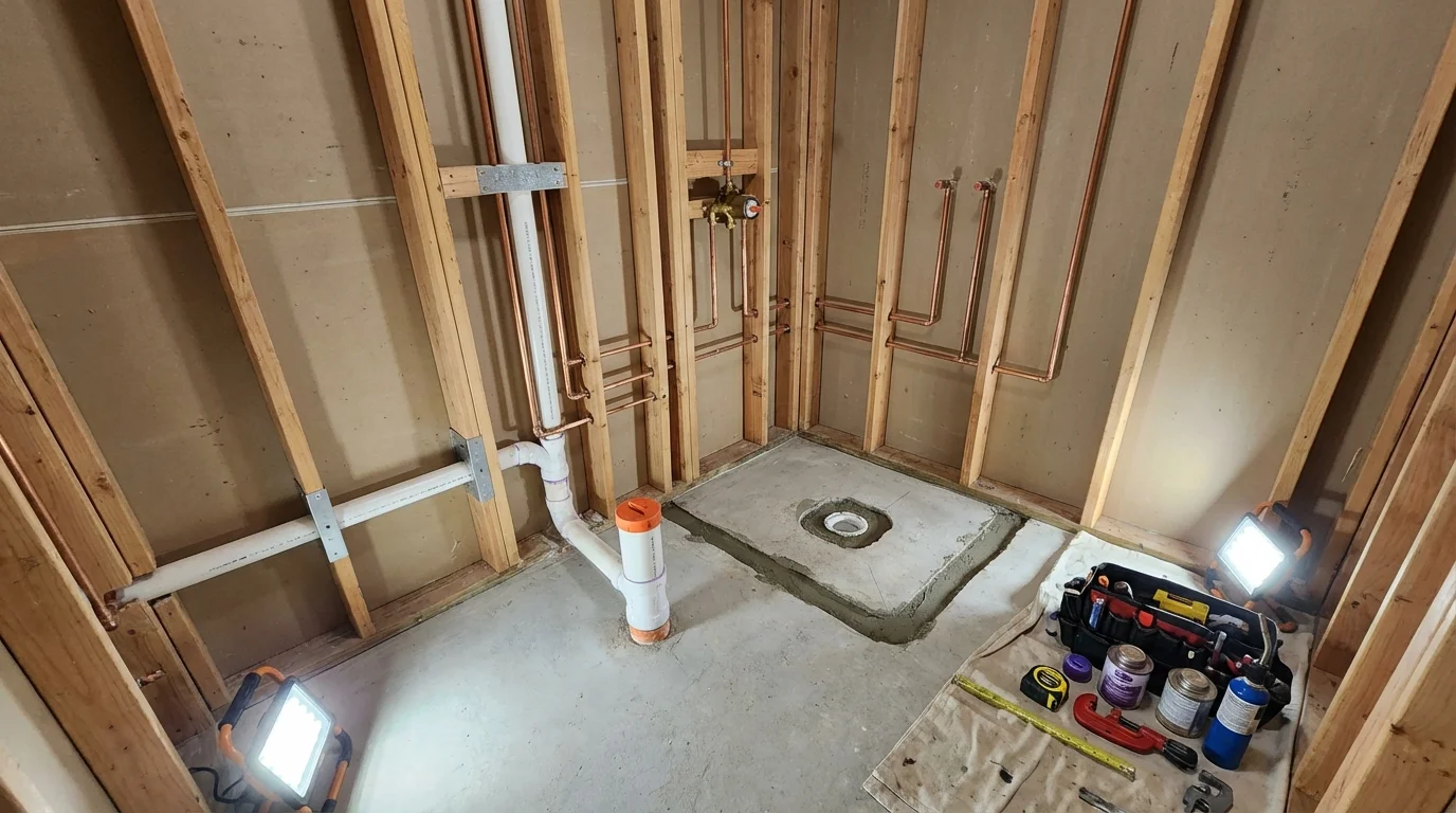 Bathroom rough-in plumbing during remodel by Johns Plumbing LLC in Sewaren
