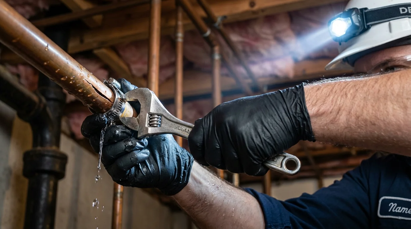 Emergency pipe clamp repair being performed by a Johns Plumbing LLC plumber in Sewaren