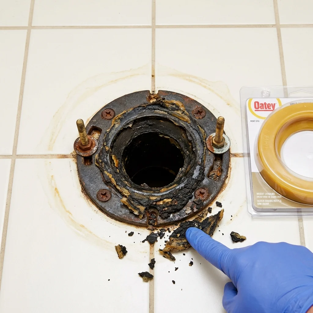 Failed wax ring showing water seepage at the base of a toilet in a Sewaren, NJ home